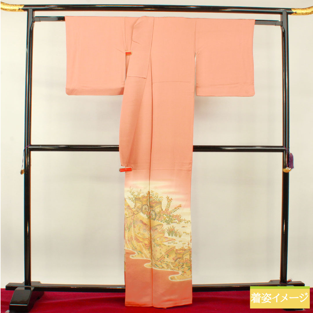 色留袖 正絹 身丈164cm 裄丈67.5cm 袷 洗朱色(あらいしゅいろ) 寿光織 御所車 王宮紫苑圓 一つ紋 揚羽蝶 Sランク 一つ紋 ピンク系 1111001222413