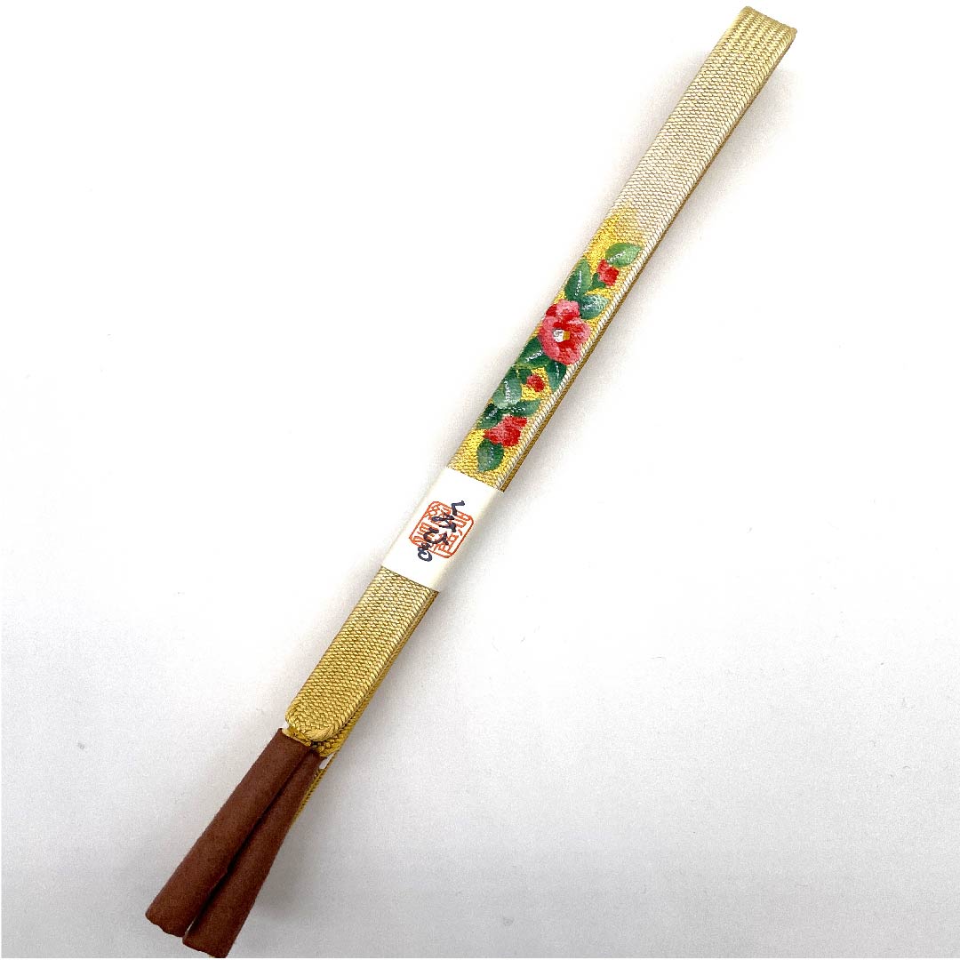 (新古品) 帯締め 正絹 四分紐 土布色(トウプースーいろ) 椿 中村勝雲 手描き 長さ約165cm 幅約1.5cm セミフォーマル Sランク 黄系 1135000212323