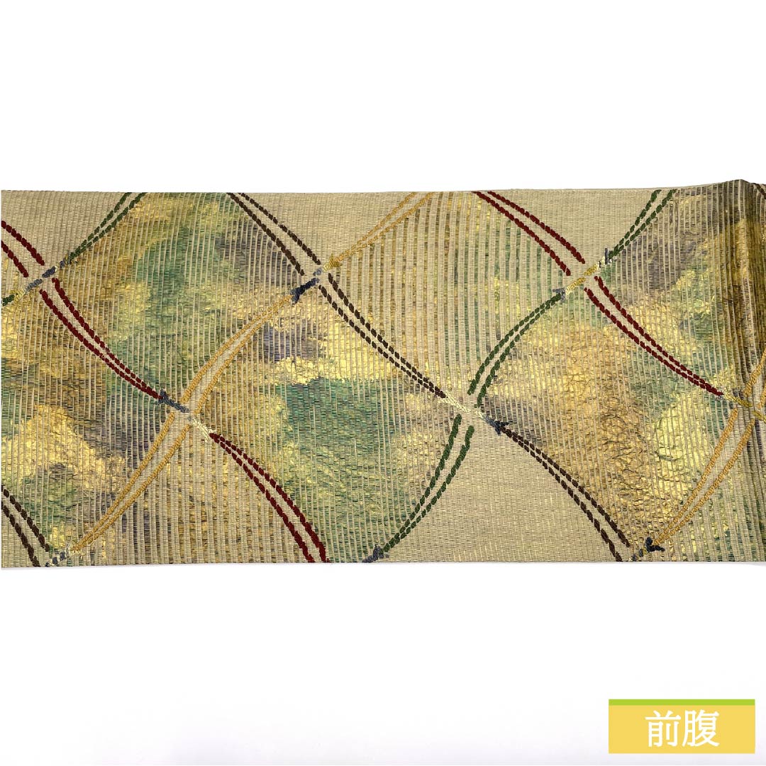Fukuro Obi (sash) made of pure silk with a fan-shaped design, thick gold leaf and string pattern, 444cm long, S rank, six-fold obi, semi-formal, gradient pattern, product number 1123014902399