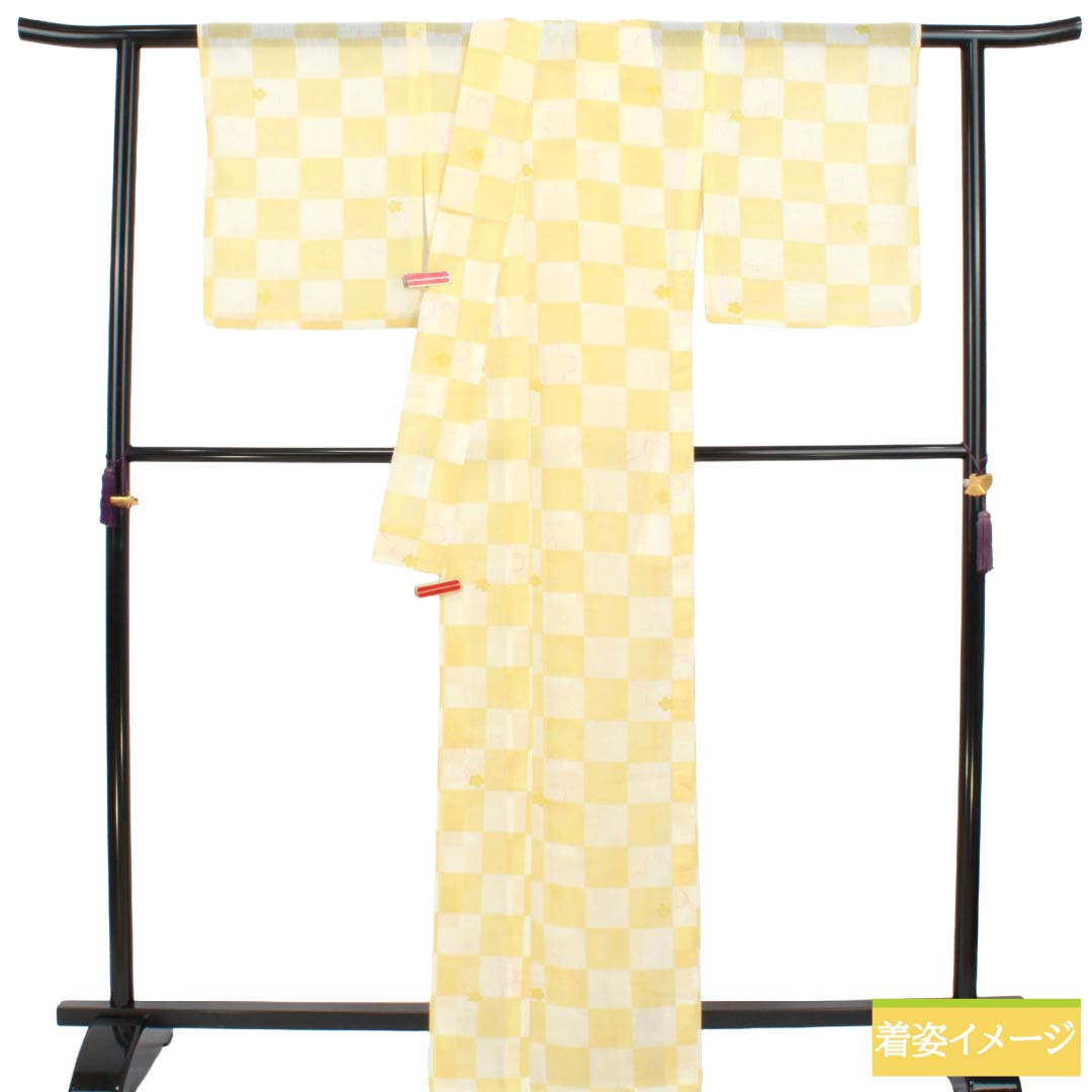Summer Polyester Komon S Rank Length 167.5cm Sleeve Length 68cm Kikarakami-iro Checkered Sakura Washable Kimono Gauze Yellow 1132003542523