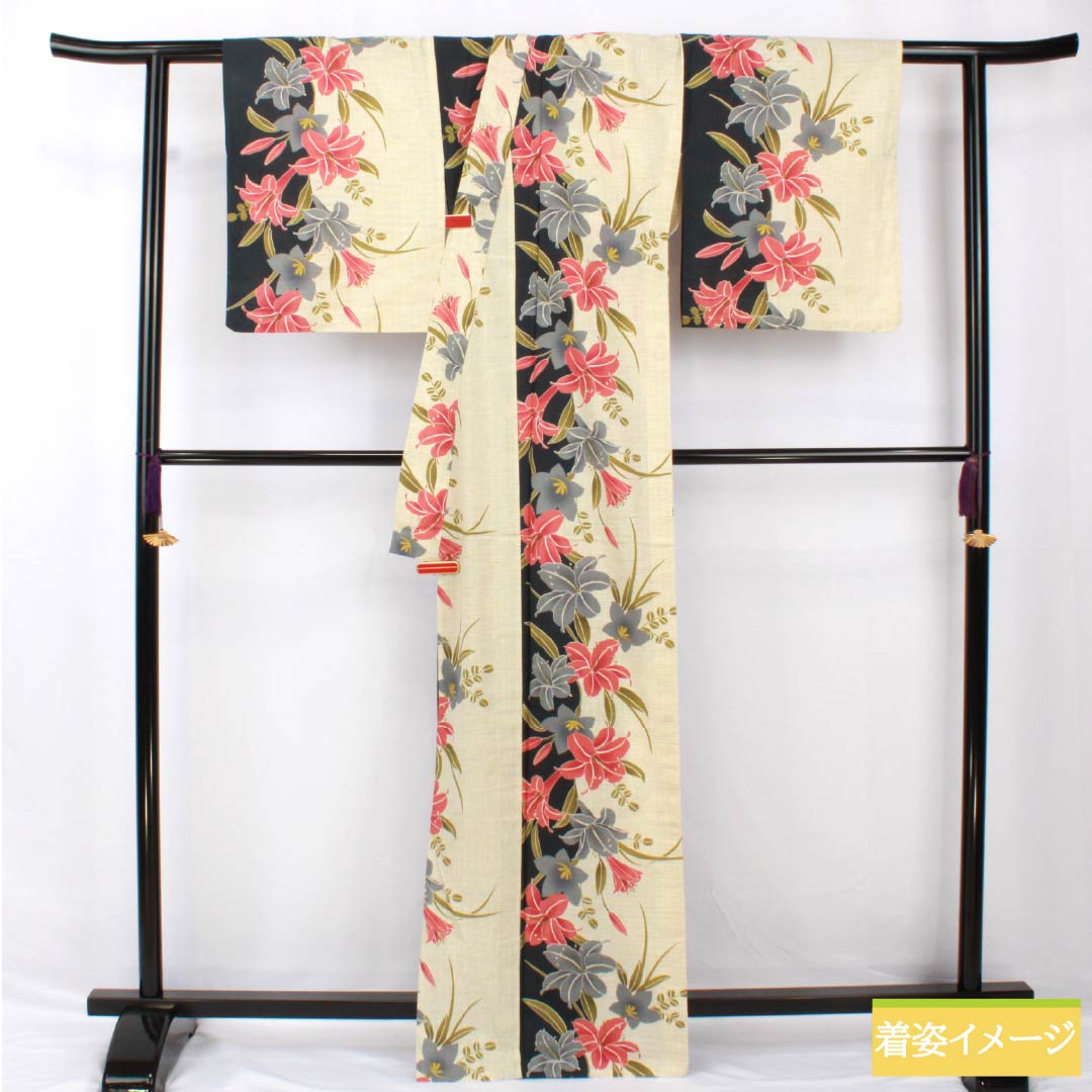浴衣 綿麻 身丈166.5cm 裄丈69.5cm Aランク 単衣 ベージュ系 牙黄色(げおういろ) 百合 桔梗 1118005443525