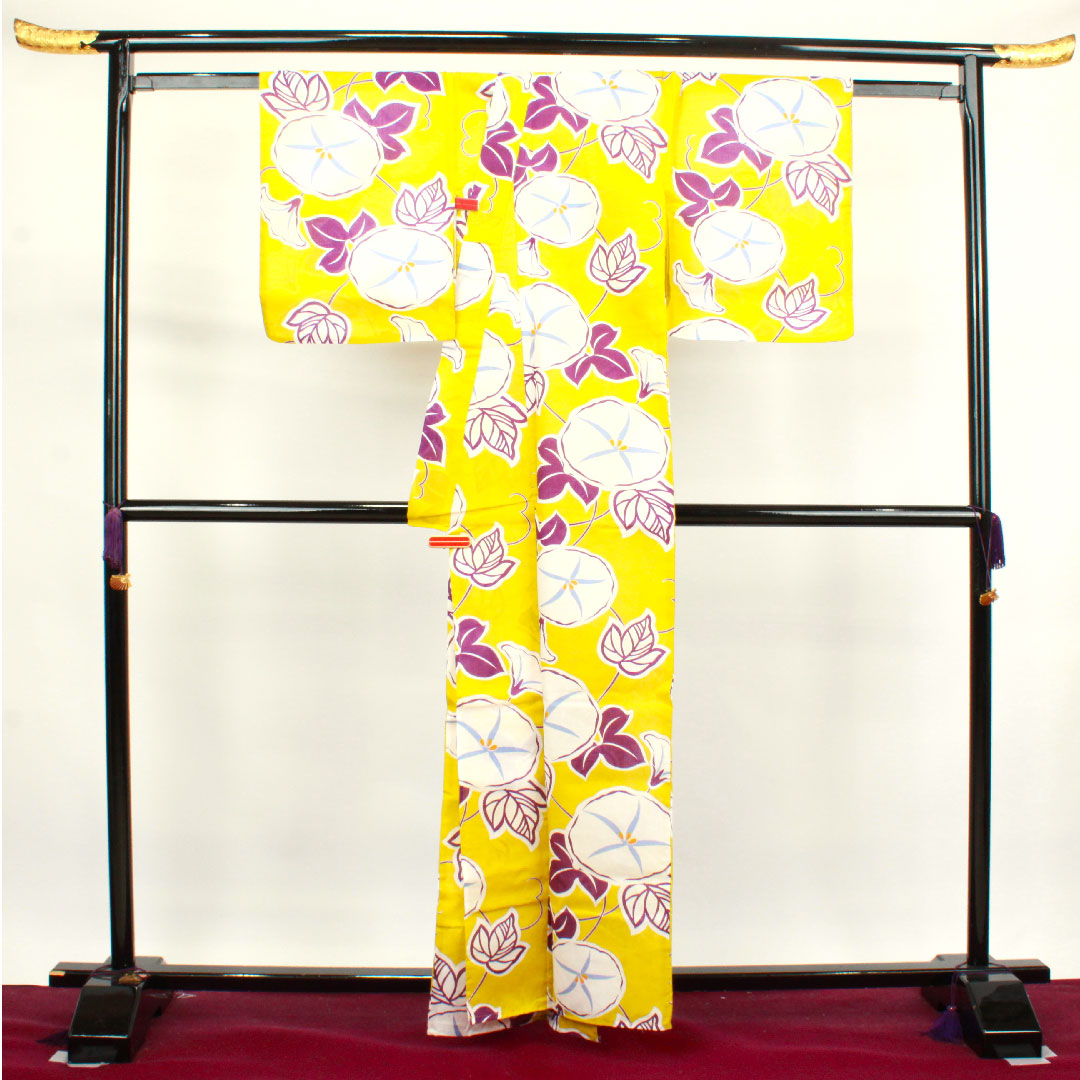 浴衣 黄蘗色 朝顔 木綿 Sランク 単衣 身丈161.5cm 裄丈64.5cm 黄系 1118003682423