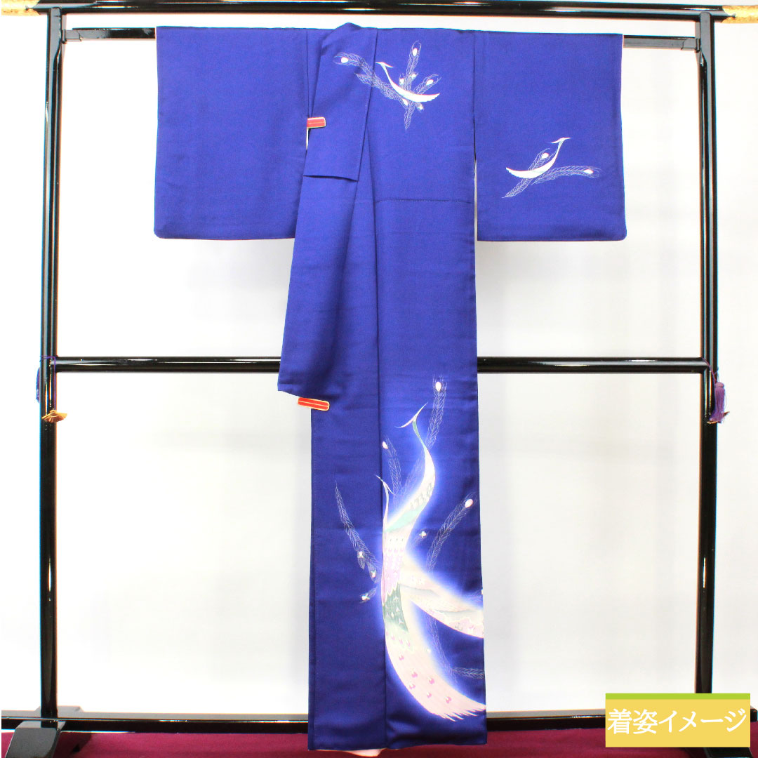 訪問着 正絹 袷 身丈161cm 裄丈65.5cm 桔梗色(ききょういろ) 京友禅 孔雀 Aランク 紺系 1112004353418