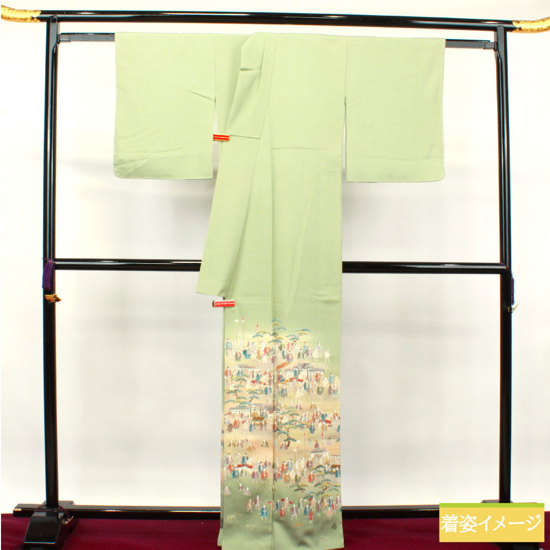 色留袖 正絹 身丈165cm 裄丈64.5cm 袷 裏葉色(うらはいろ) 京友禅 大名行列 梅鉢 一つ紋 しつけ糸付き 未使用品 Sランク 一つ紋 緑系 1111001202519