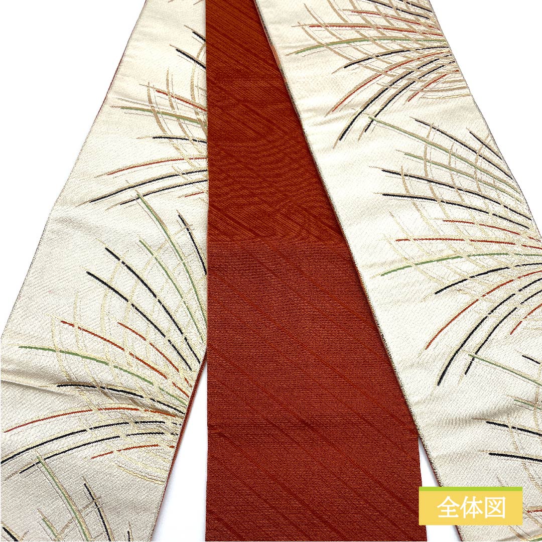 【Unfinished】Half-width obi, polyester, S rank, off-white, geometric pattern, obi length 348 cm, cream-colored, 1125001032315