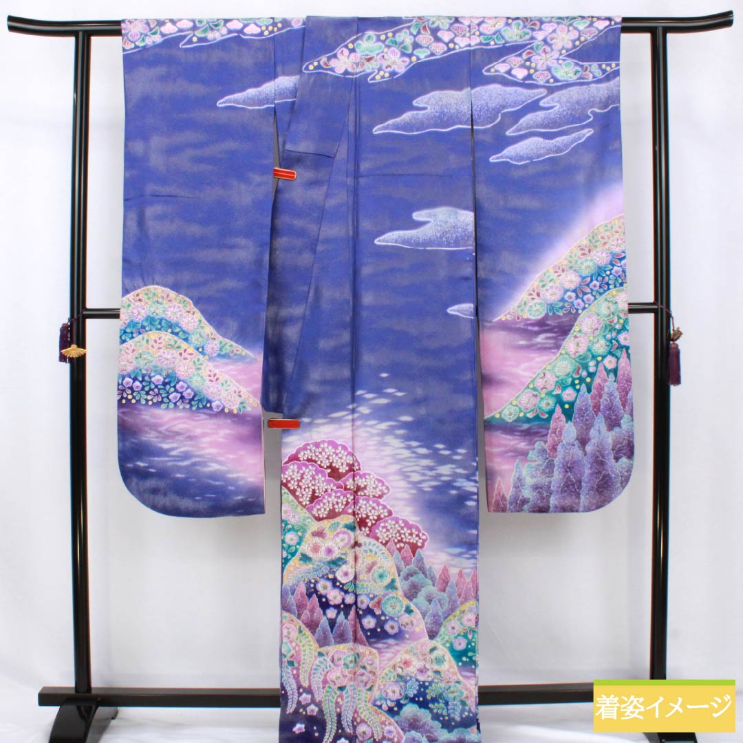 振袖 正絹 Sランク 身丈172.5cm 裄丈68cm 袷 青紫色(あおむらさきいろ) 銀通し 辻が花 遠山 ソフトガード加工 紫系 1113002552620