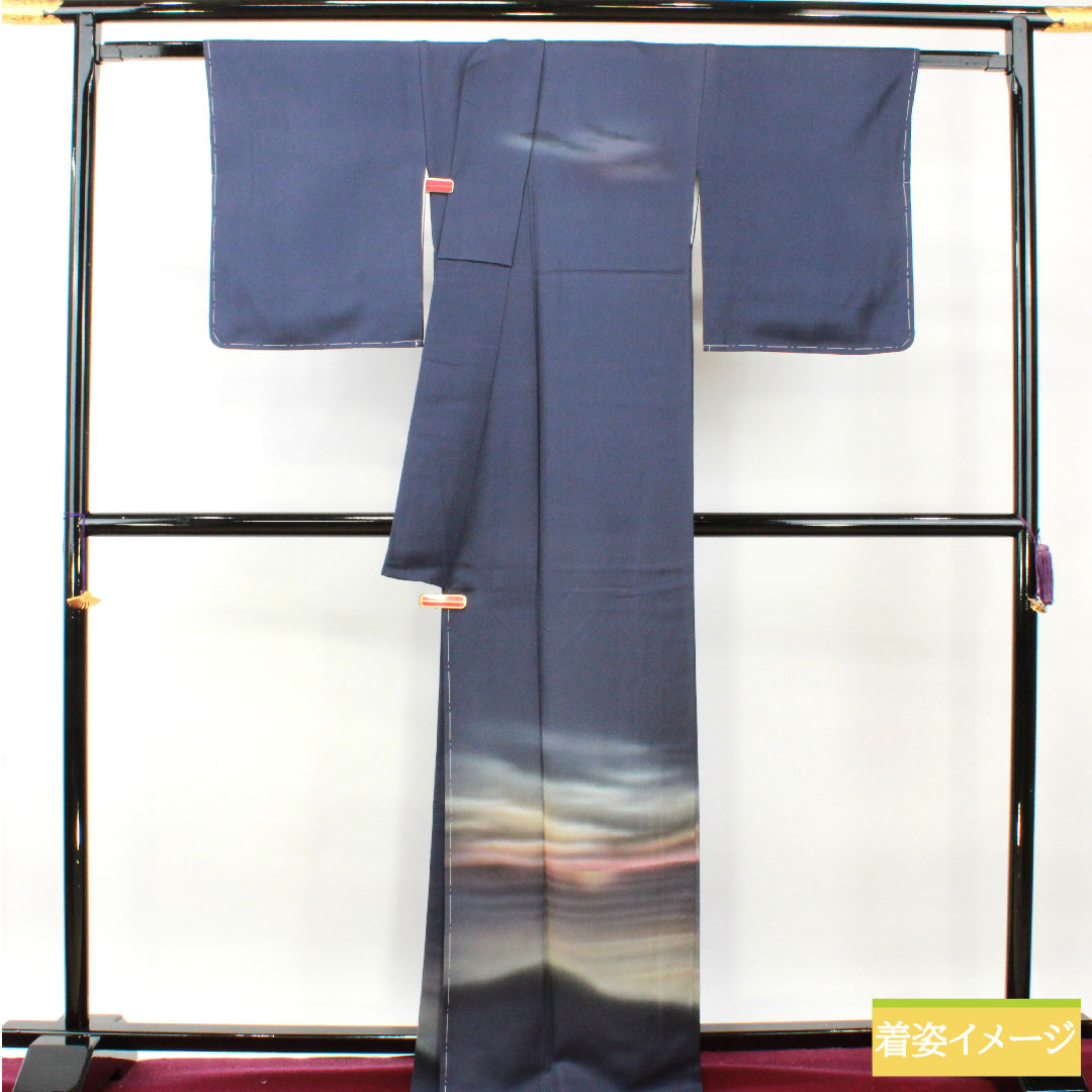 訪問着 正絹 袷 身丈167cm 裄丈66.5cm 瞑色(めいしょく) 風景模様 Aランク 紺系 1112004293518