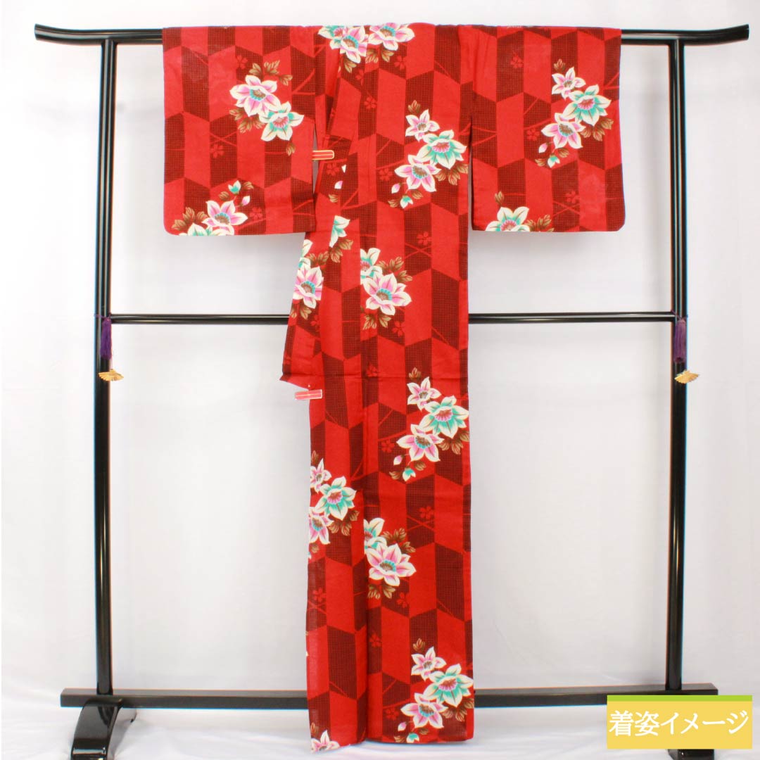 Yukata Cotton Length 165.5cm Sleeve length 67.5cm S rank Single layer Red Reddish red (akabeniiro) Arrow pattern Flower 1118005482512