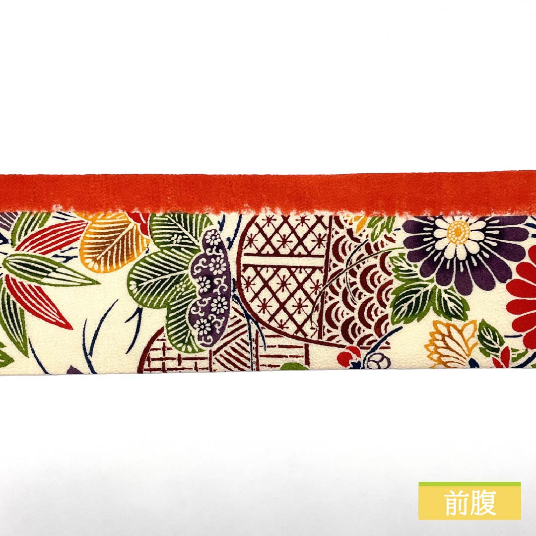 Nagoya obi, Kyohiiro (scarlet color), Kyoto Bingata, crepe fabric, chrysanthemum, obi length 353cm, pure silk, S rank, full length, casual, orange, 1124007632326, Nagoya style