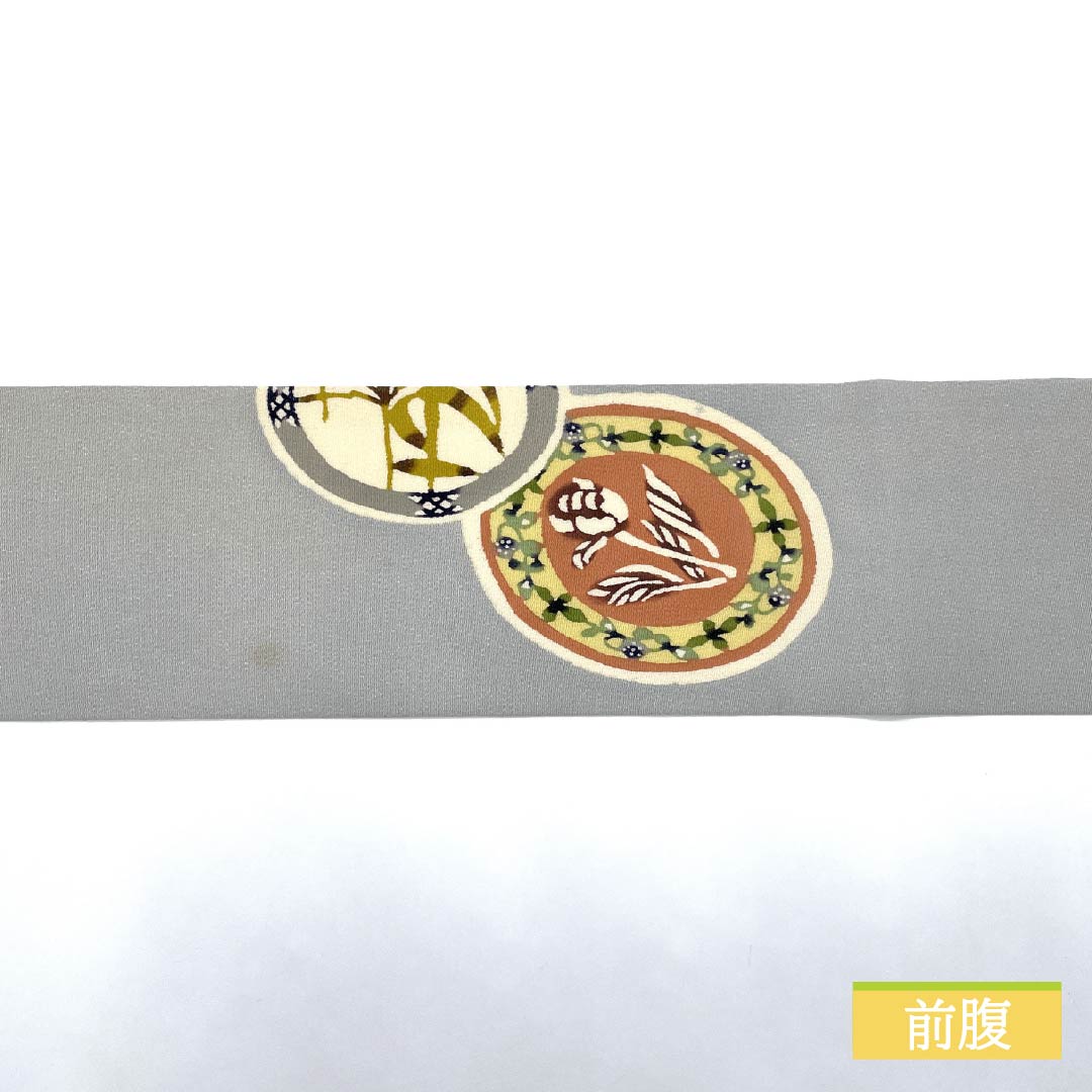 名古屋帯 薄鼠色(うすねずいろ) ちりめん地 丸に花模様 染め帯 帯丈358cm 正絹 Aランク ポイント柄 セミフォーマル グレー系 1124007163322 名古屋仕立て