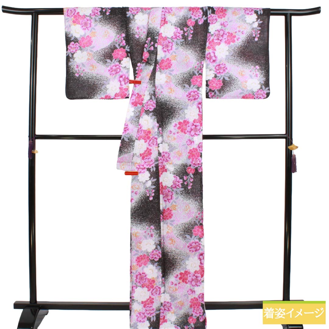 浴衣 木綿 Sランク 身丈166.5cm 裄丈65.5cm 石板色(せきばんいろ) ボカシ染 洋花 型染 単衣 グレー系 1118006872522