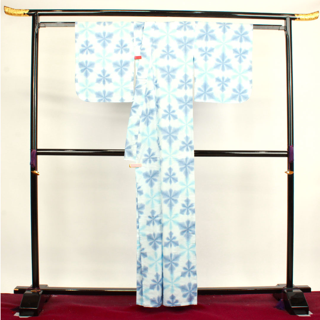 (New, unused item) Yukata, Yukihana Shibori, with basting thread, unused item, abstract pattern, board-tied shibori, cotton, new rank, single layer, length 162cm, sleeve length 65cm, blue, 1118003921417
