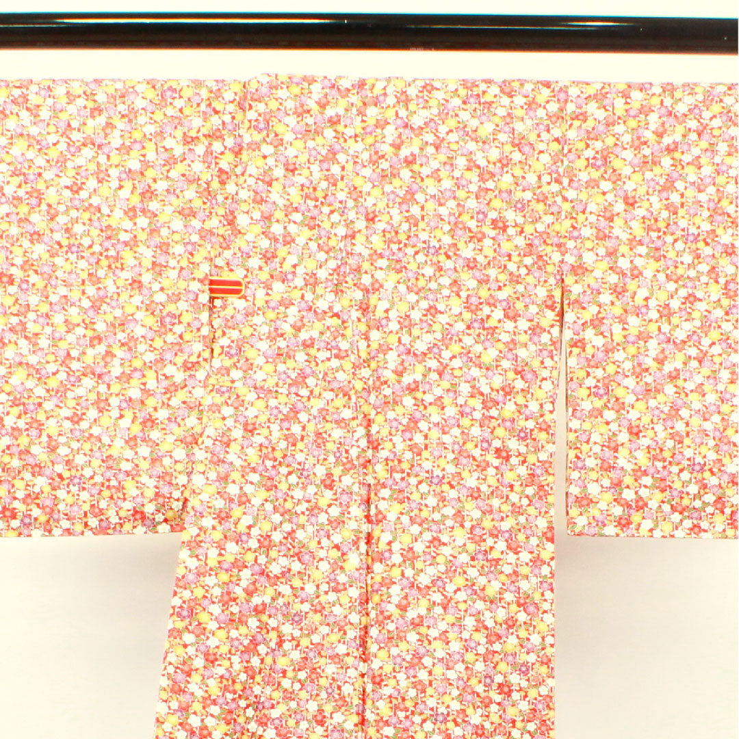 小紋 身丈152cm 裄丈61.5cm 袷 猩々緋色 梅 紬地 正絹 Sランク 赤系 1115002992212