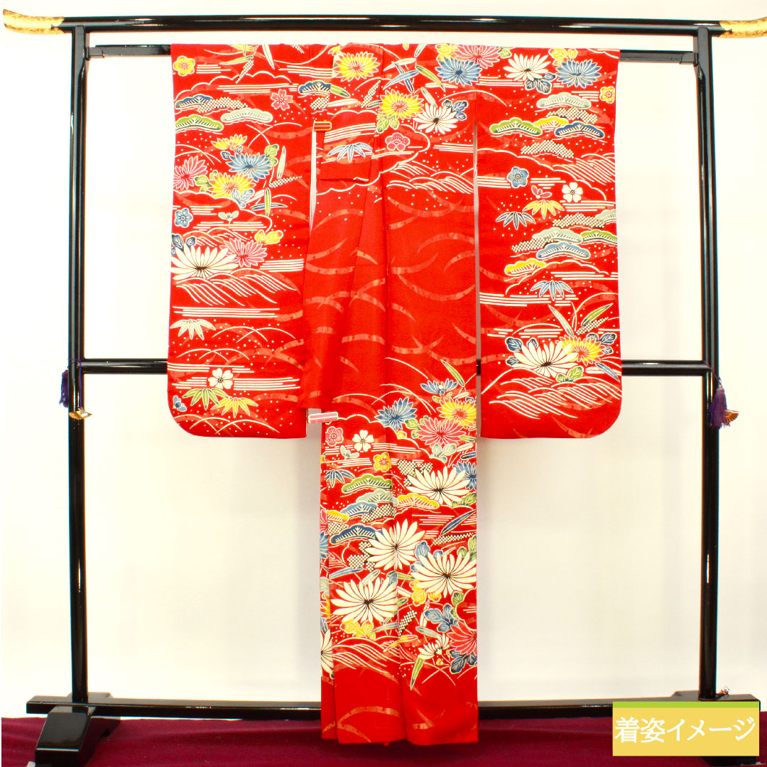 振袖 正絹 身丈160cm 裄丈62.5cm 袷 土耳古赤色(とるこあかいろ) 金通し 露芝 草花模様 Aランク 赤系 1113002043412