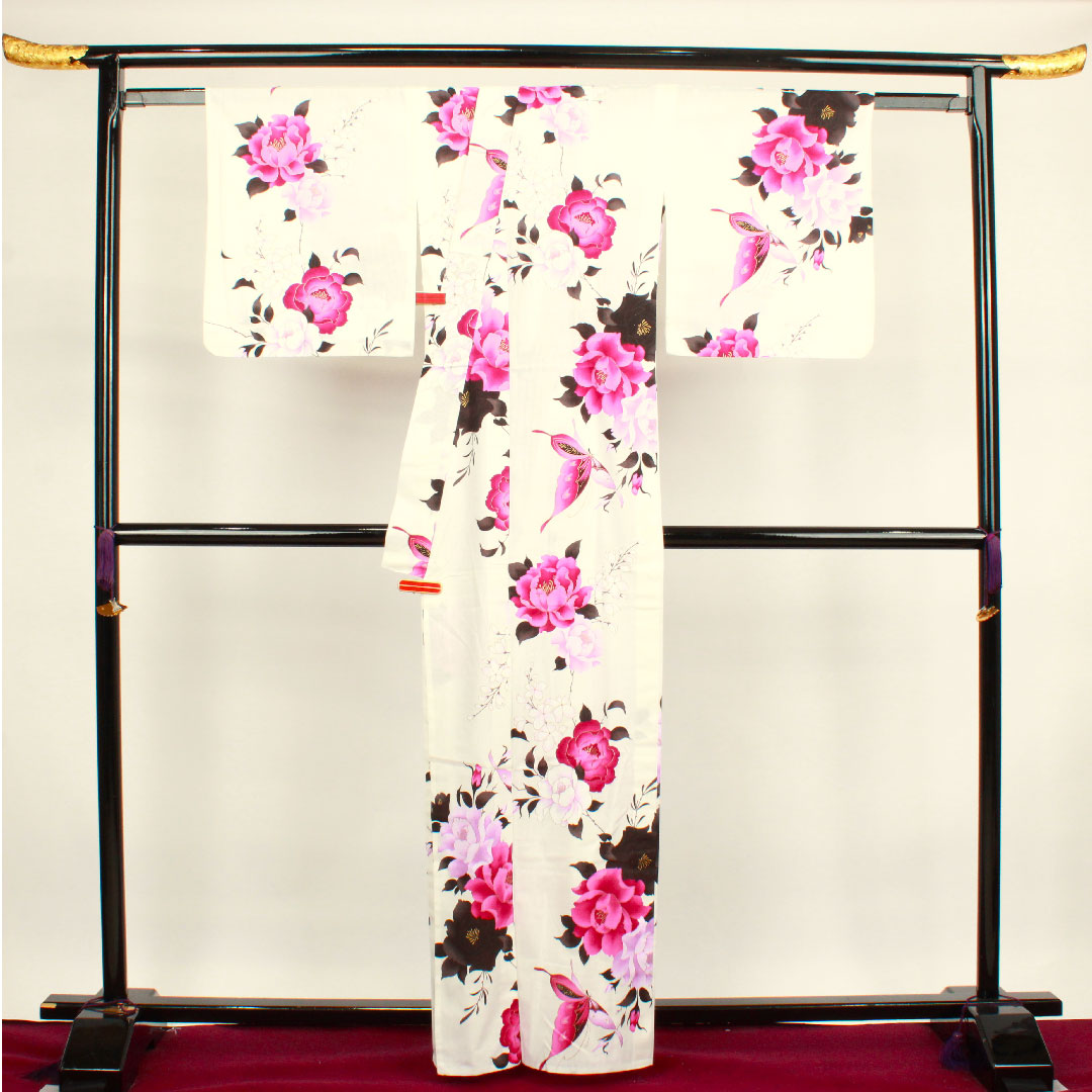 浴衣 蝶 薔薇 山本寛斎 Kansai 木綿 Sランク 単衣 身丈162.5cm 裄丈68.5cm 白系 1118001842411