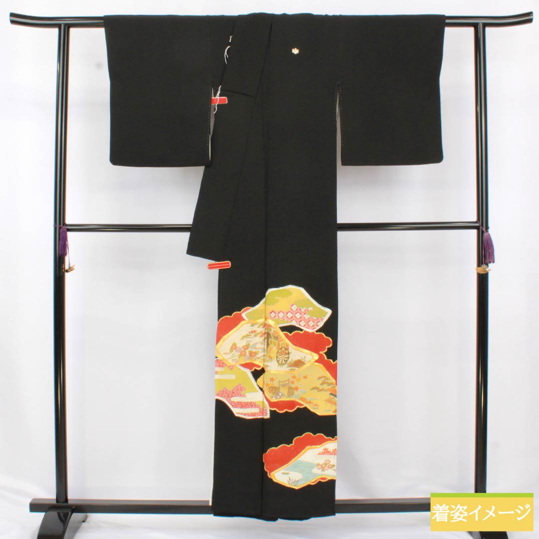 Black Tomesode (Japanese Kimono) - Pure Silk, Grade A, Length 155.5cm, Sleeve Length 63cm, Lined, Kyoto Yuzen, Five Crests, Gosan Paulownia, Auspicious Motifs, Imperial Carriage, Chaya-tsuji, Five Crests, Black, Item Number 1111001943310