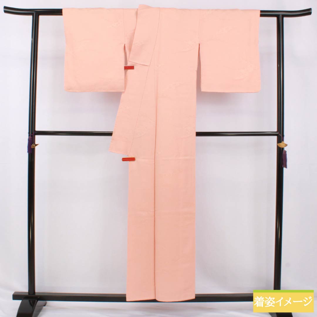 Solid-colored silk kimono, S-rank, length 155.5cm, sleeve length 59.5cm, salmon-colored, single crest, orange and abstract pattern, lined, pink, product number 1114002502313