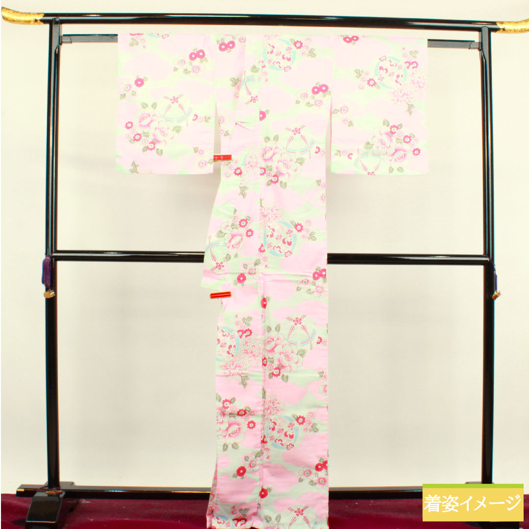 浴衣 木綿 身丈167cm 裄丈64cm Sランク 単衣 緑系 白緑色(びゃくろくいろ) 菊 鞠 雲取り 1118004662519