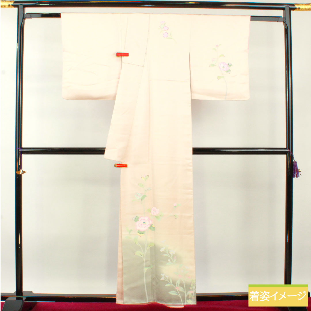 訪問着 正絹 袷 身丈158.5cm 裄丈64.5cm 薄桜色(うすざくらいろ) 京友禅 草花模様 Aランク ピンク系 1112004373313