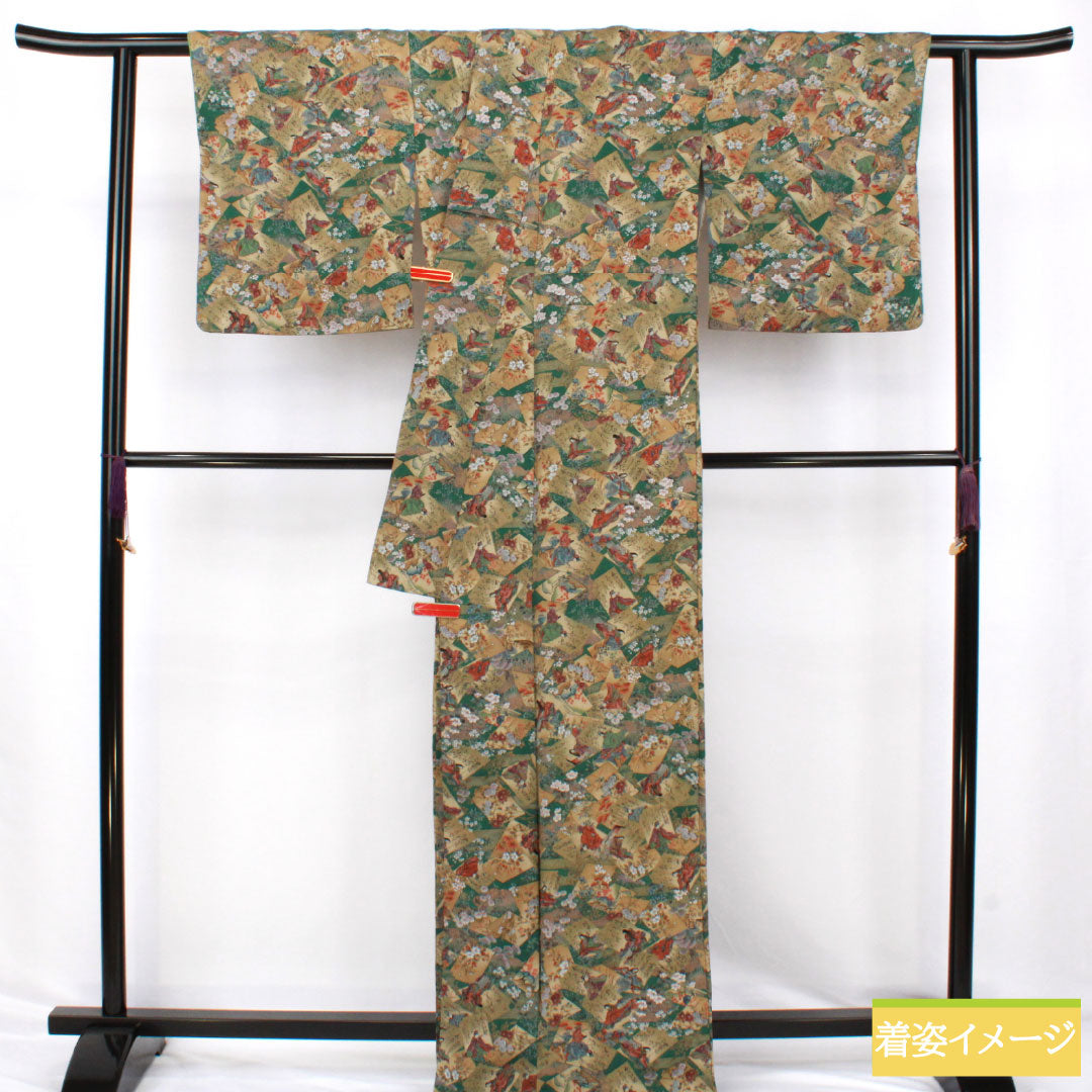 小紋 正絹 Sランク 身丈166cm 裄丈66cm 袷 柚葉色(ゆばいろ) ちりめん地 百人一首 緑系 1115007652519