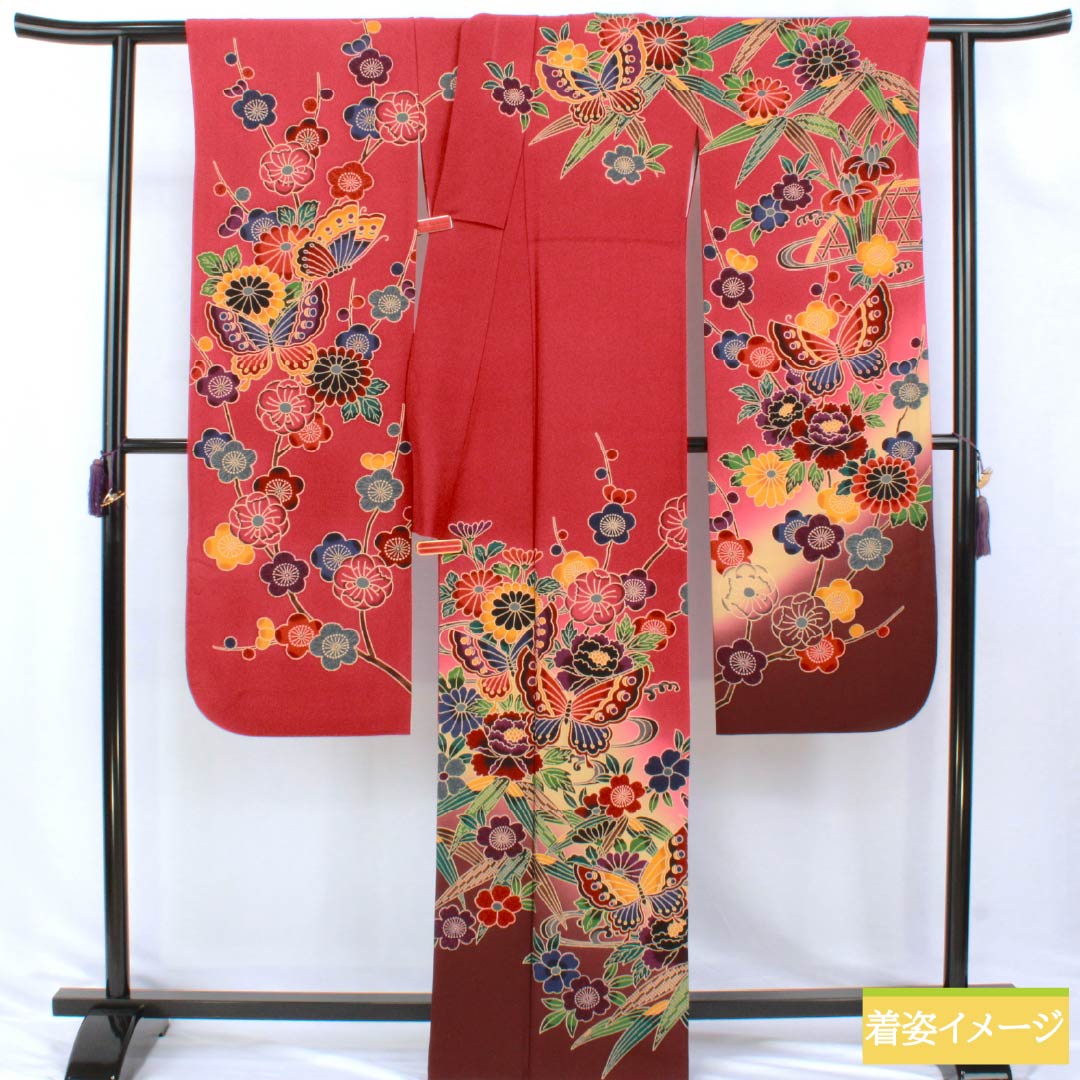 振袖 正絹 Aランク 身丈164cm 裄丈69cm 袷 真紅色(しんくいろ) 京紅型 吉祥文様 赤系 1113002963412
