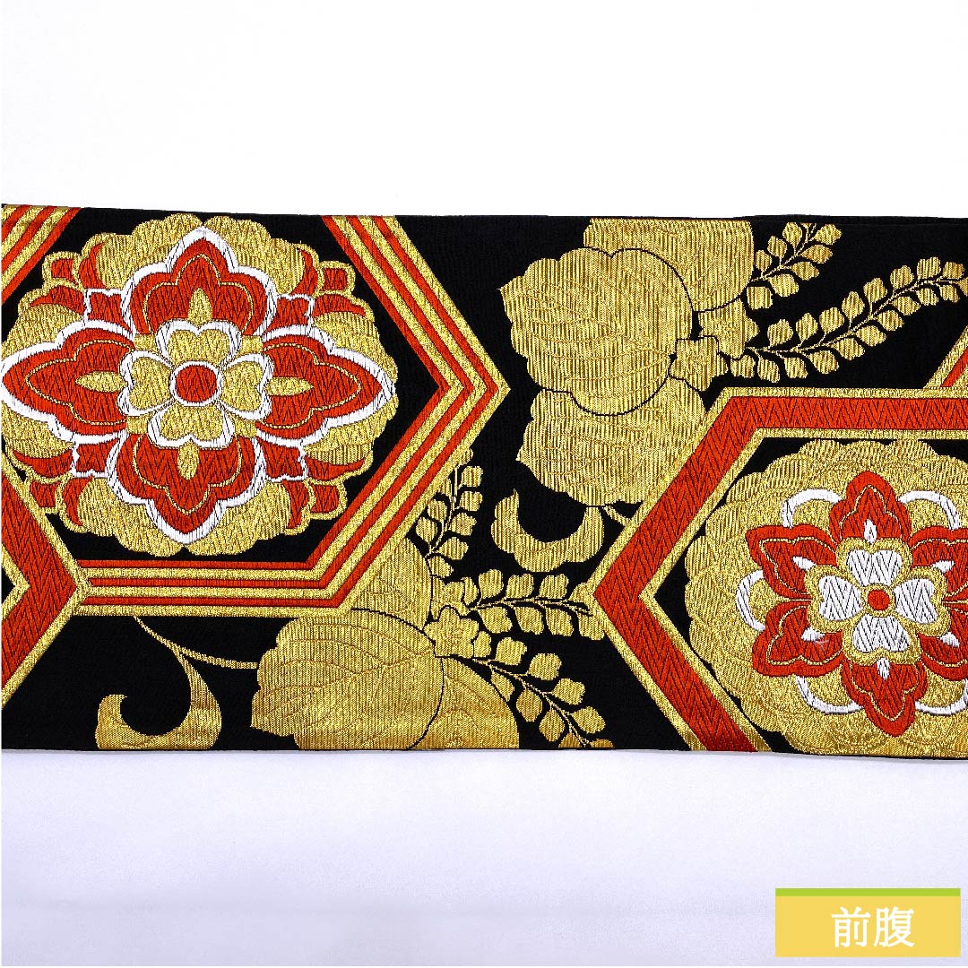 【未仕立】袋帯 正絹 Aランク 黒色 亀甲 華文 桔梗 帯丈412cm 六通 フォーマル 黒系 1123010313310