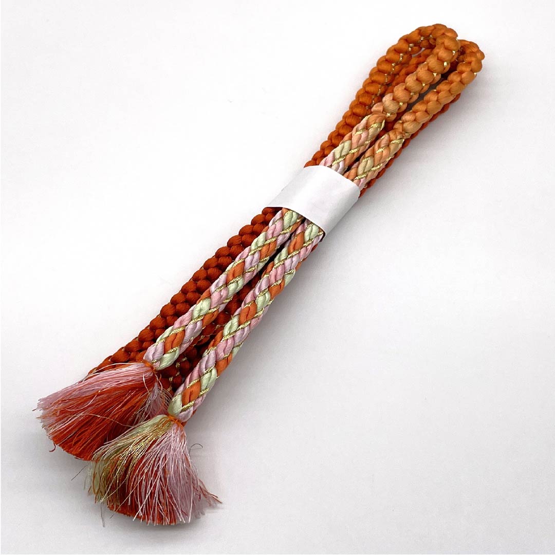 S-Rank Silk Obi-jime (Sash Band) - Silver-vermilion (Ginshuiro) - Round Braid - Approx. 173cm Long, Approx. 1.1cm Wide - Semi-Formal - Orange Tones - Product Number: 1135004372426