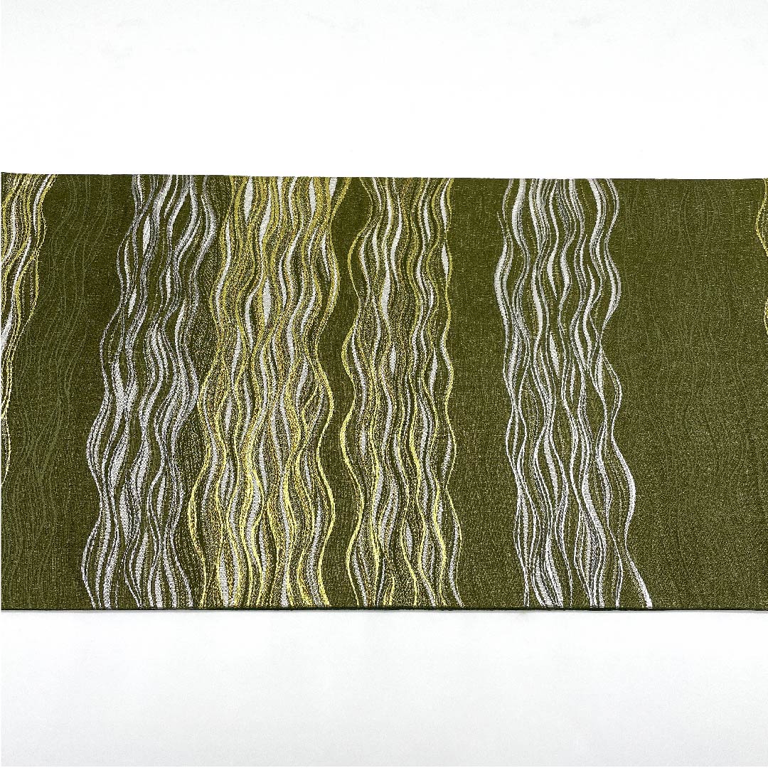Fukuro Obi (Japanese sash) in pine-nezu color, with horizontal waves, 420cm long, pure silk, S rank, six-pass, semi-formal, green, 1123005822319
