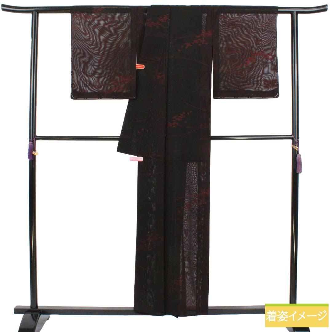 夏物 正絹 お召 Sランク 身丈155cm 裄丈64cm 臙脂墨色(えんじずみいろ) 草花模様 紗 黒系 1132004582312