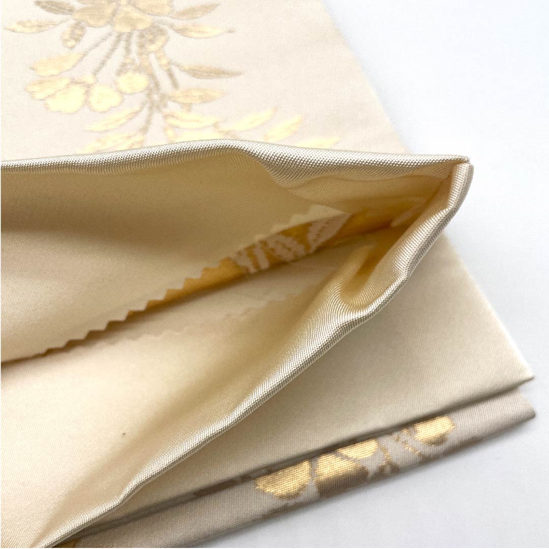 【未仕立】半幅帯 正絹 NEWランク 胡粉色(ごふんいろ) 花笩 新品未使用品 帯丈453cm クリーム系 1125000321415