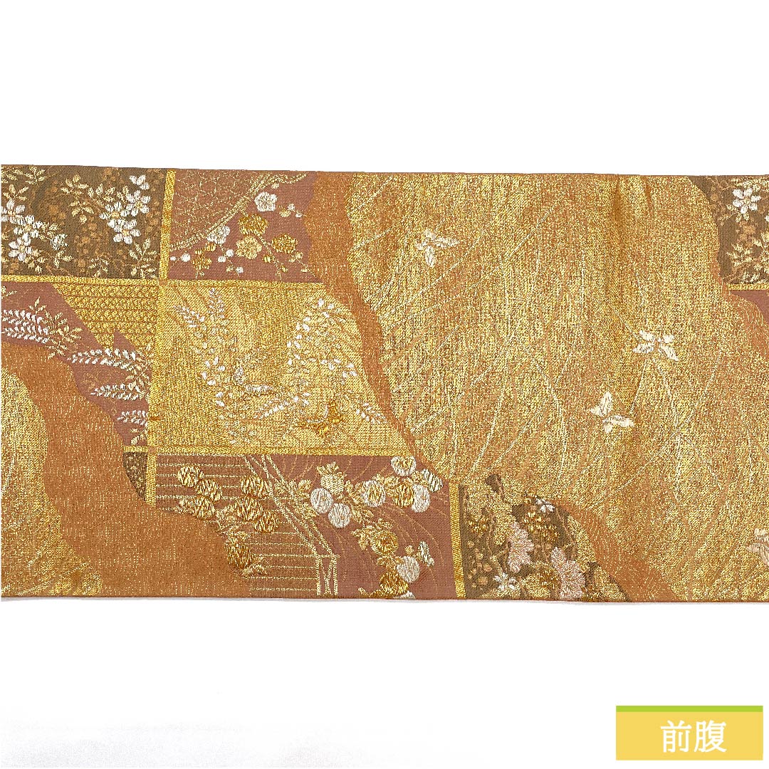 【未仕立】袋帯 正絹 Sランク 芝翫茶色(しかんちゃいろ) 露芝 蝶 花模様 松 帯丈426cm 六通 フォーマル 金系 1123010192321