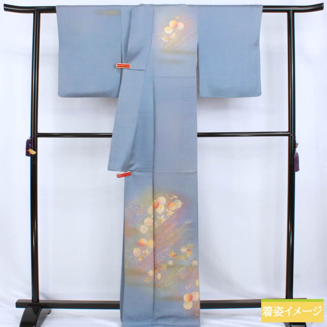 訪問着 正絹 Bランク 袷 身丈164.5cm 裄丈64cm 勿忘草色(わすれなぐさいろ) 付下げ 和田光正 金彩友禅 流水 草木 青系 1112007784417
