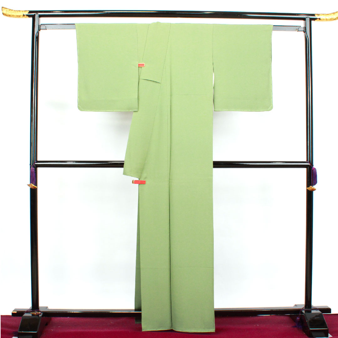 Plain color, pure silk, uraba color, with basting thread, unused, plain, sword and katabami, length 163.5cm, sleeve length 63cm, lined, S rank, green, 1114000832419