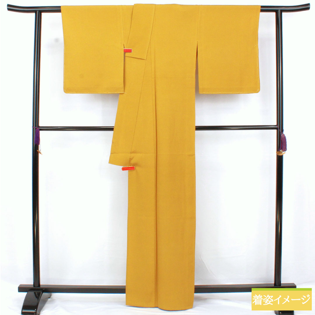 色無地 正絹 身丈164cm 裄丈64.5cm 黄土色(おうどいろ) 素無地 一つ紋 桔梗 単衣 Aランク 黄系 1114002083423