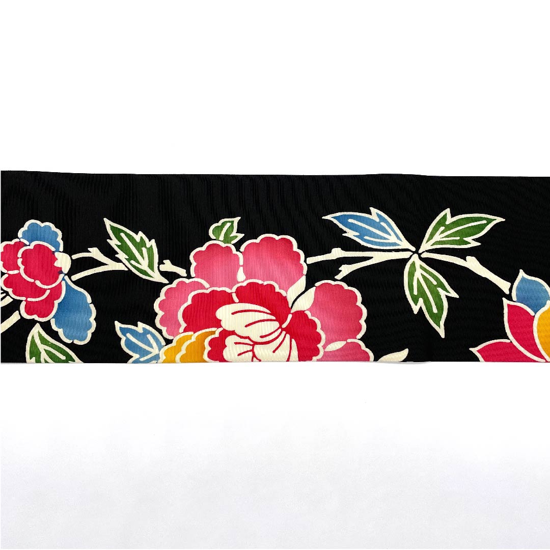 Nagoya obi, black, stencil dyed, floral pattern, obi length 370cm, pure silk, high quality, full length, casual, black, 1124004323310, Nagoya style