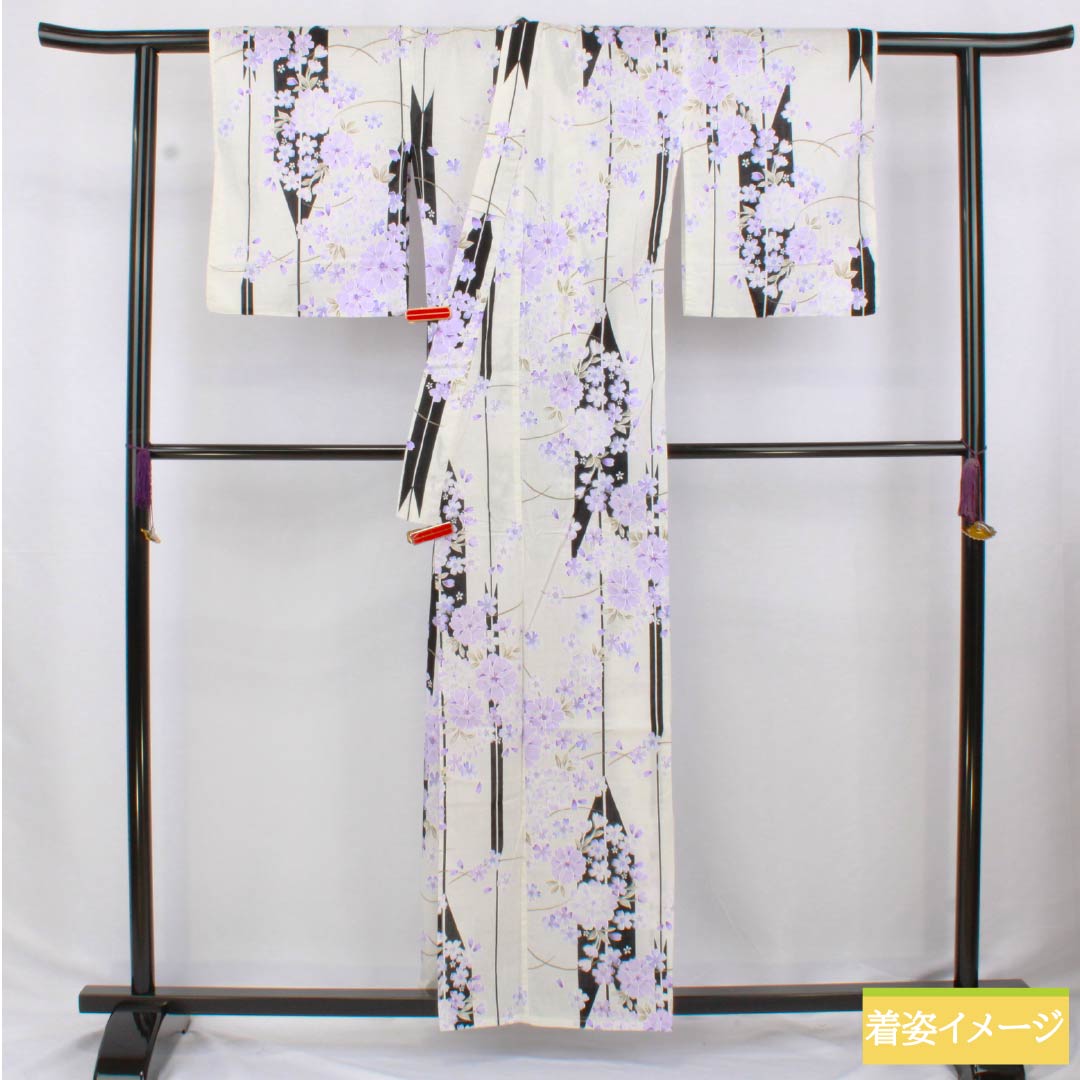 浴衣 木綿 身丈157.5cm 裄丈62cm Sランク 単衣 白系 矢羽根 総花 1118006332311