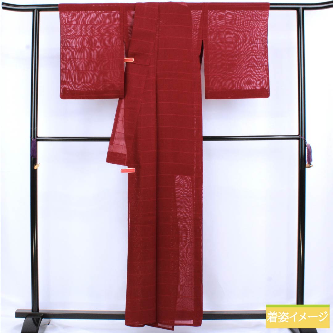 夏物 正絹 紬 身丈159cm 裄丈64.5cm 臙脂色(えんじいろ) 紋紗 格子 紗 Aランク 朱系 1132002763316