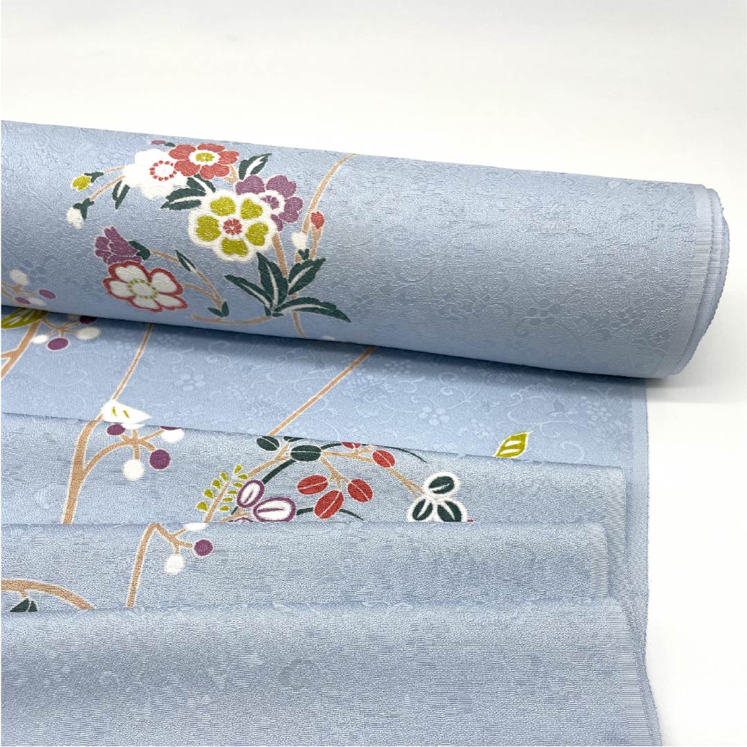 Fabric, Komon, Pure Silk, Pale White, Kyoto Yuzen, Floral Pattern, 13.5cm Wide, New Rank, Light Blue, 1130001051924