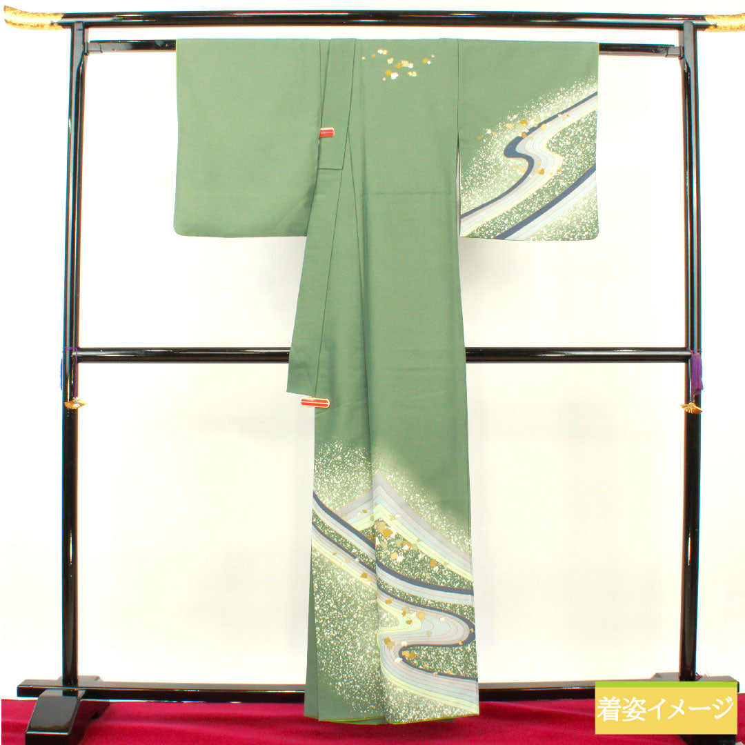 Homongi (formal kimono) made of polyester, lined, length 160.5cm, sleeve length 66cm, Chigusairo (chigusai-iro), washable kimono, flowing water, A rank, green, 1112004603419
