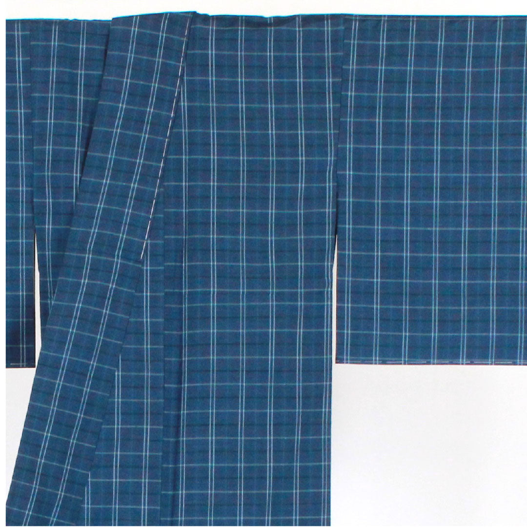 Tsumugi, Length 155cm, Sleeve length 63.5cm, Check pattern, Pure silk, S rank, Lined, Navy blue, 1116001492318