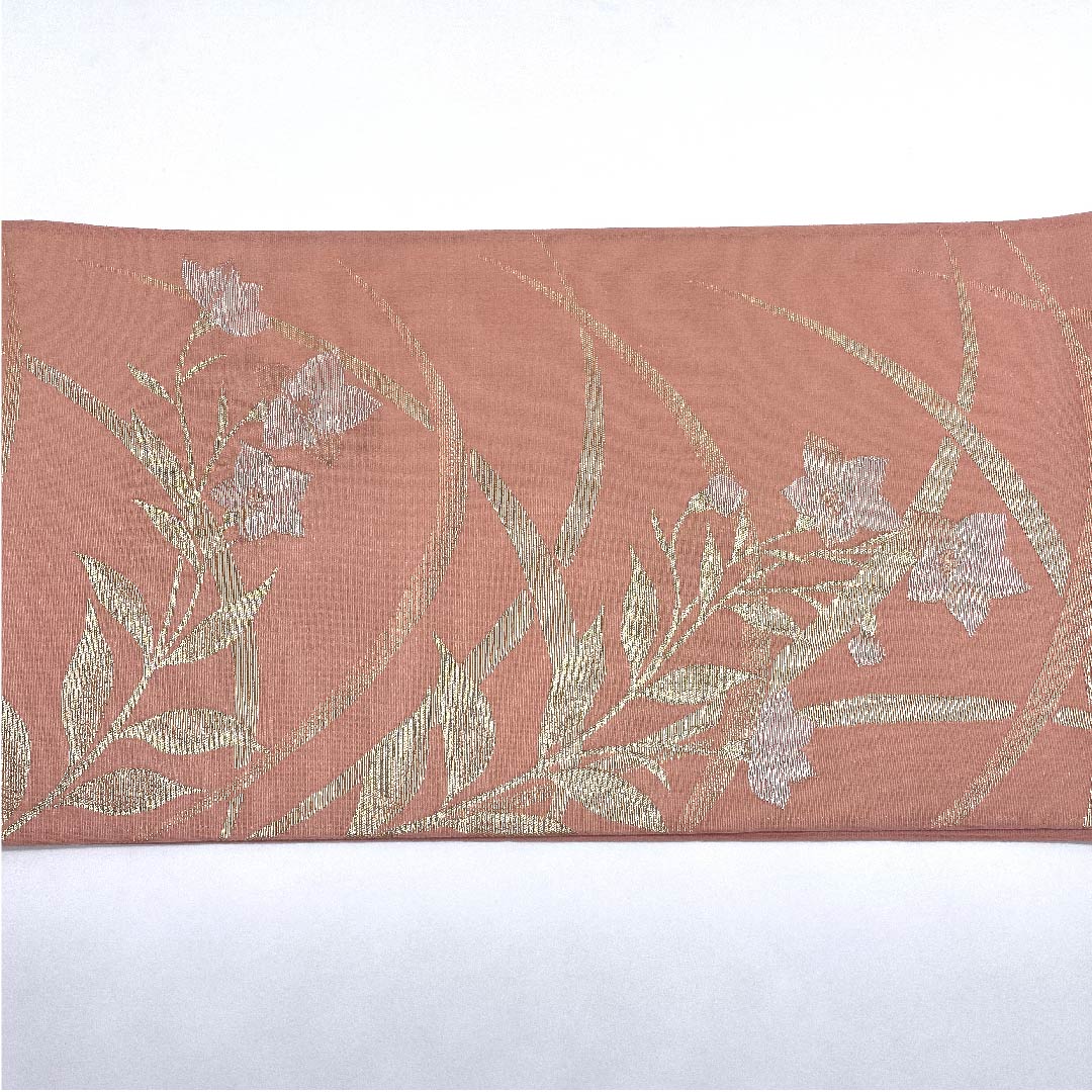 袋帯 薄紅梅色(うすこうばいいろ)夏帯 桔梗 露芝 帯丈424cm 正絹 Sランク 六通 フォーマル ピンク系 1123007272313