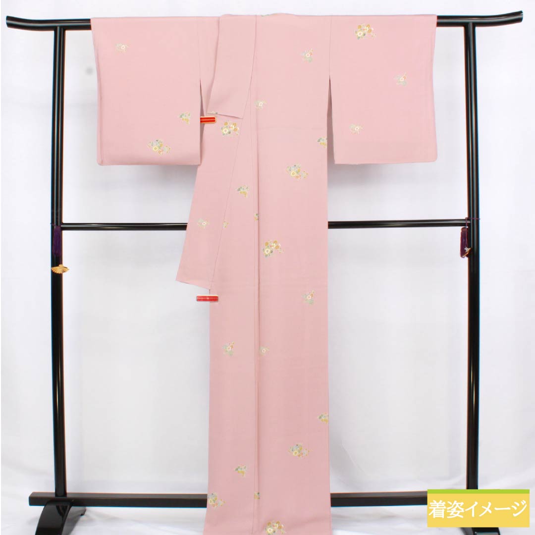 小紋 正絹 Aランク 身丈165.5cm 裄丈66cm 袷 浅紅色(あさべにいろ) 京加賀友禅 小花模様 はればれ加工 ピンク系 1115006353513