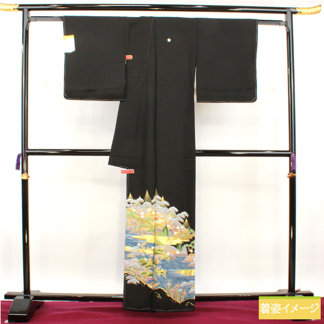 黒留袖 正絹 身丈162cm 裄丈66cm 袷 京友禅 風景模様 五つ紋 沢瀉 しつけ糸付き 未使用品 Sランク 五つ紋 黒系 1111001252410