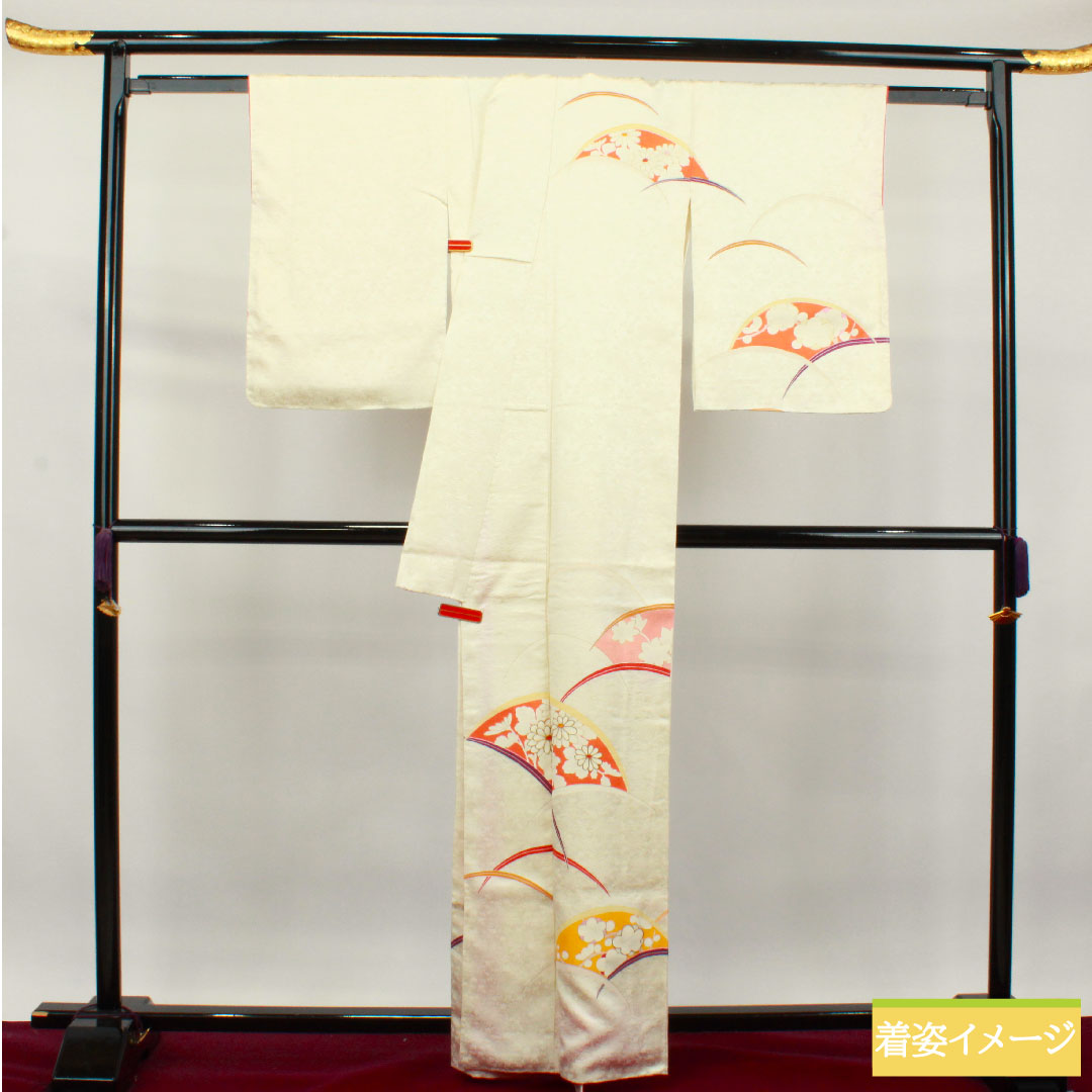 Homongi, pure silk, lined, length 162.5cm, sleeve length 63.5cm, milky white, Kyo-Yuzen, fan surface, floral pattern, basting thread included, unused, S rank, cream color, 1112003412415