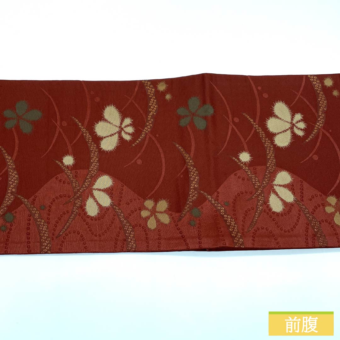(Kyoto Fukuro Obi) Nagoya Obi, Polyester, Grade A, Copper-Colored (Shakudo-iro), Kyoto Fukuro Obi, Dewgrass, Floral Pattern, Length 364cm, Six-Ply, Casual, Vermilion, 1124010653316, Open-Weave