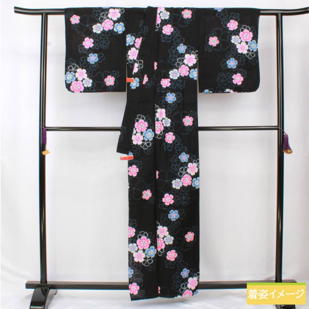 浴衣 木綿 身丈160cm 裄丈66cm Sランク 単衣 黒系 撫子 1118006142410