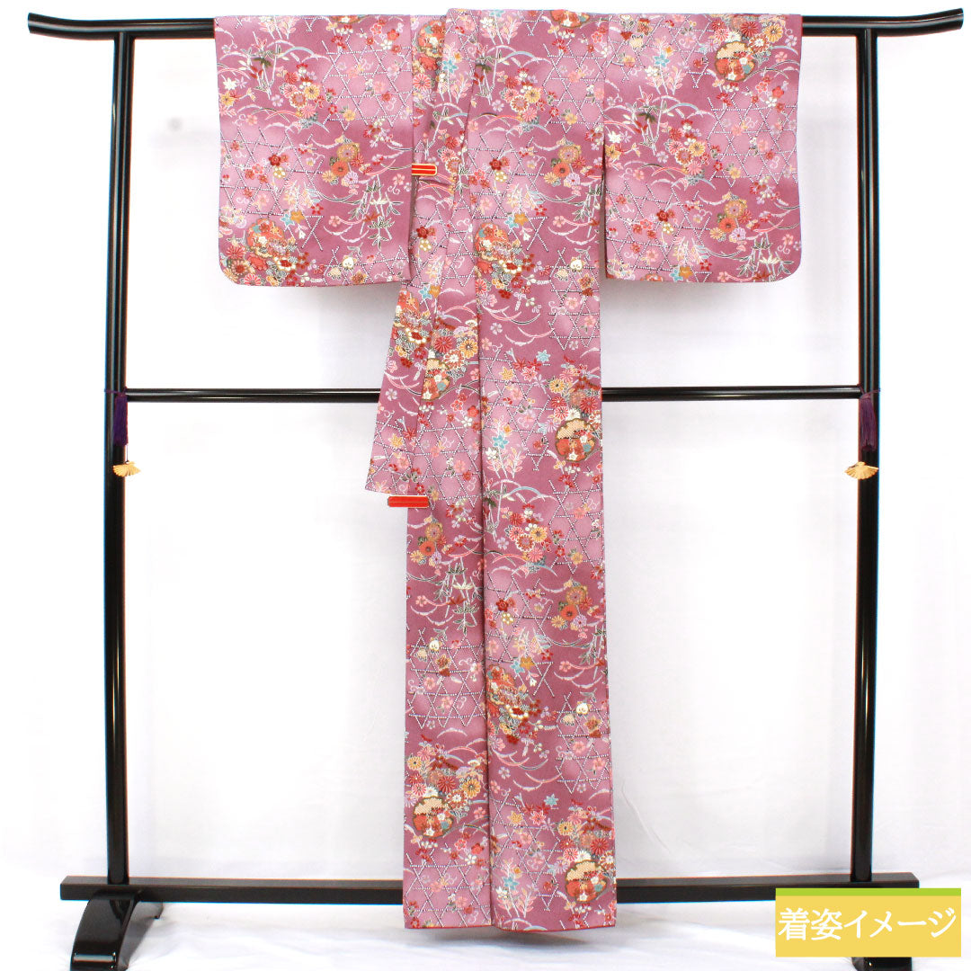 Small pattern, polyester, length 169.5cm, sleeve length 64.5cm, lined, Kyoto wisteria color, washable kimono, floral pattern, A rank, purple, 1115004623520