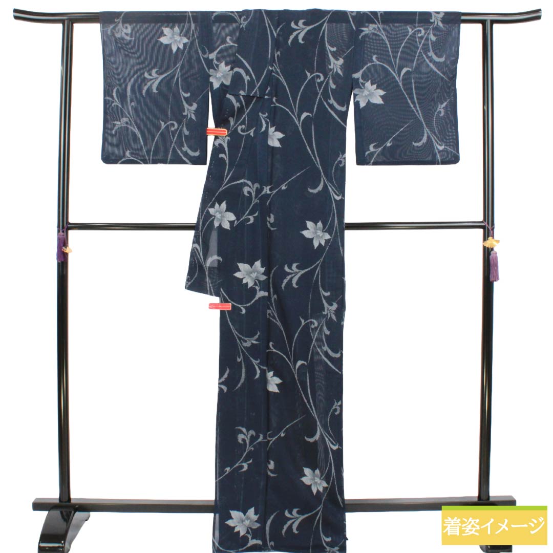 夏物 ポリエステル 小紋 Sランク 身丈171cm 裄丈66cm 濃紺色(のうこんいろ) 草花模様 絽 紺系 1132004762618