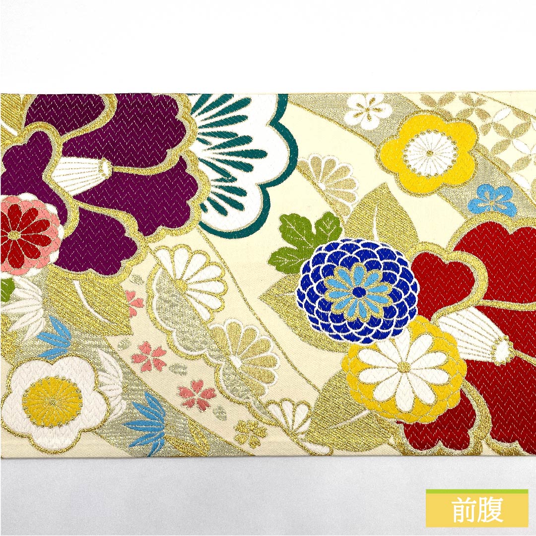 Fukuro obi, pure silk, milky white color, pine, bamboo, plum, camellia, cherry blossom, shippo, obi length 436cm, S rank, six-way, formal, cream color, 1123011662315