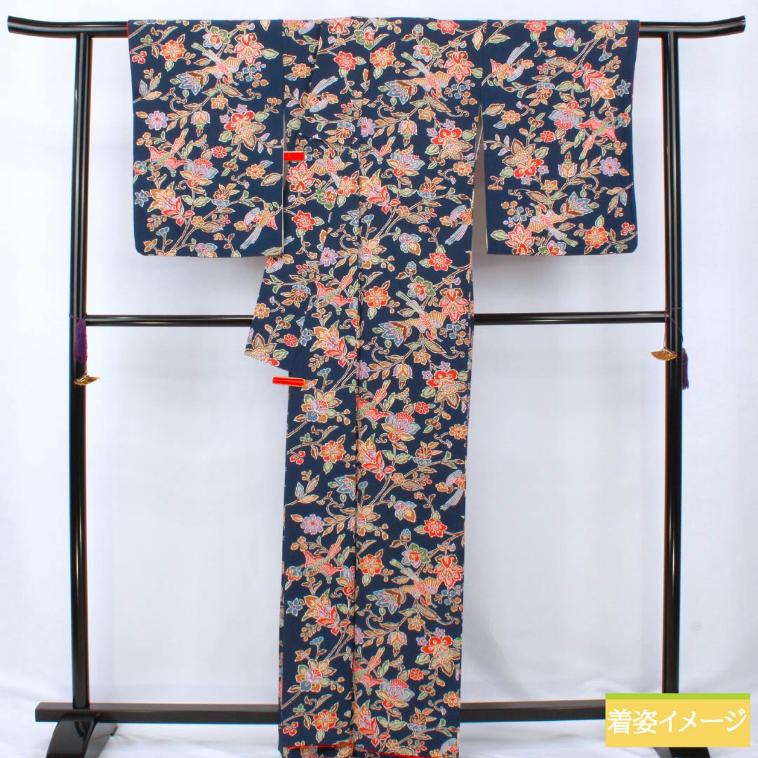 小紋 正絹 Sランク 身丈163cm 裄丈67cm 袷 紺色(こんいろ) 京紅型 草花 鳥 紺系 1115007092418